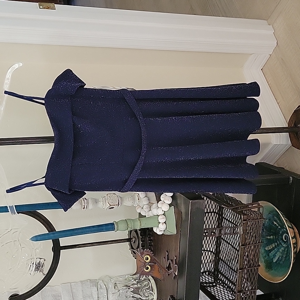 Sequin Hearts Navy blue silver shimmery off the shoulder dress.  Size 3